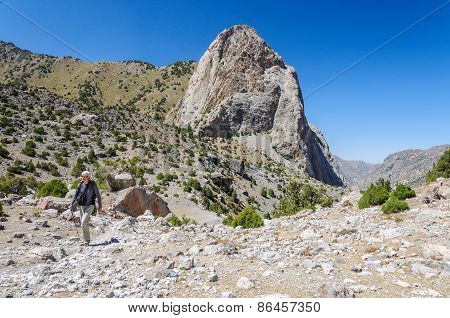 Man hiking in Tajikistan mountains
