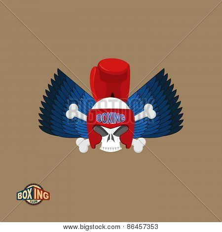 Sports shield emblem. Boxing logo skull. Logotype  boxing Club. Skull in boxing gloves and helmet, w