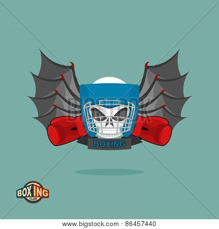 Sports shield emblem. Boxing logo skull. Logotype  boxing Club. Skull in boxing gloves and helmet, w
