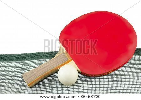 Red Table Tennis Racket And A Net Isolated
