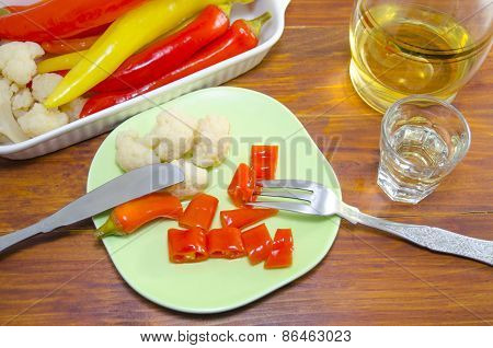Pickled Pepers, Cauliflower And Olives On A Plate