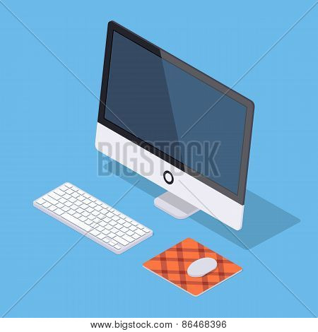 Isometric monoblock computer with white keyboard and computer mouse on the rug against the blue back