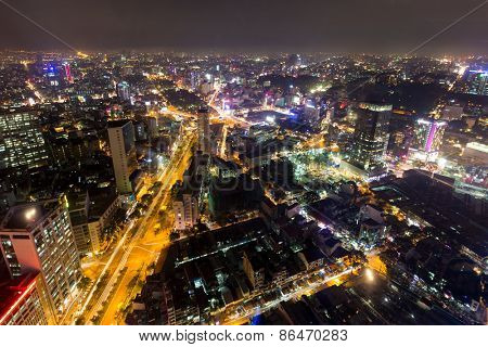 Saigon cityscape at night, view from the Bitexco tower, Vietnam