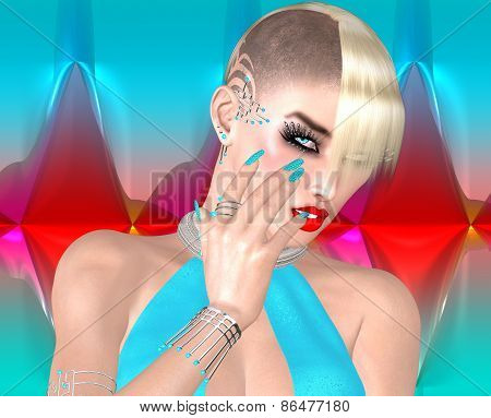 Punk girl with Mohawk hairstyle on colorful abstract background.