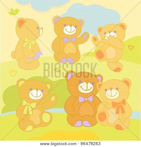 Set teddy bears in rznyh poses on the nature.