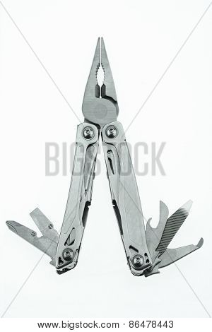 Pocket knife or Steel multi-function tools isolated on white background. Hand tools in industry jobs