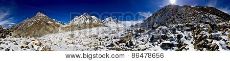 panorama of Gangotri glacier with Bhagirathi peaks in Garhwal Himalaya, Uttaranchal, Uttarakhand, In