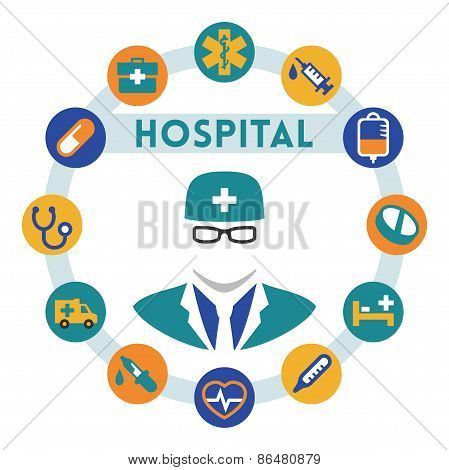 Hospital And Doctor Related Vector Infographic, Flat Style