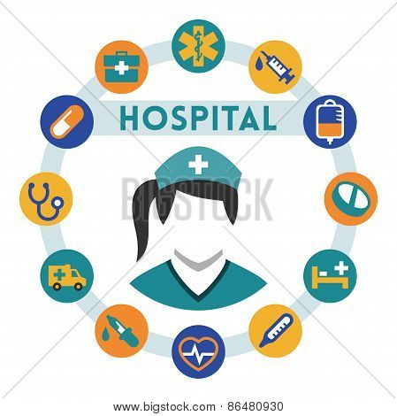 Hospital And Nurse Related Vector Infographic, Flat Style