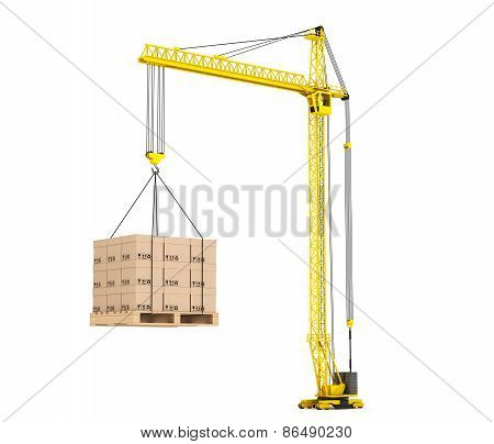 Cargo Delivery Concept. Pallet With Cardboard Lifted By Hoisting Crane