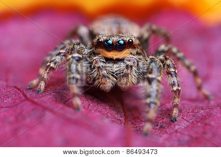 Closeup of Marpissa muscosa jumping spider on the leaf