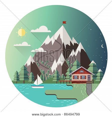 House in mountains. Colorful vector background with ski and mountains