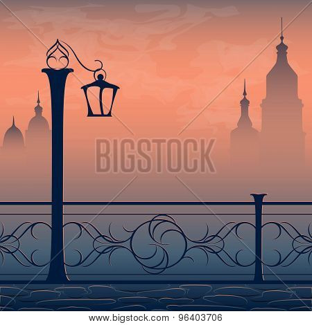 Vector postcard with cityscape lantern and bridge