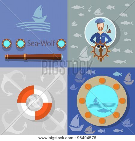 Boat Trip, Ocean Cruise, Lifebuoy Sailor, Anchor, Fish, Boat, Flat Vector Icons