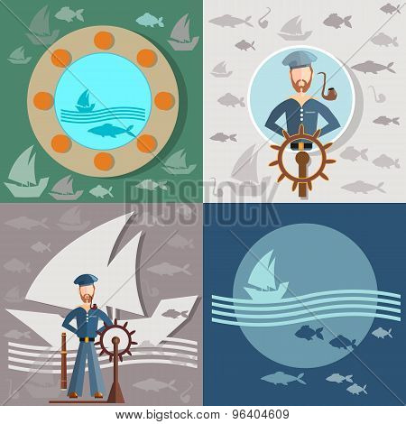 Old Man And The Sea, Sailor, Ships, Fishing, Life Buoy, Steering Wheel, vector illustration
