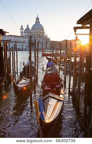 Gondolas in Grand Canal of Vienice, Italy.