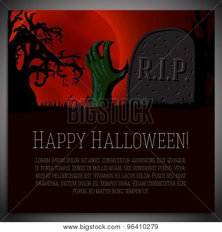 Big halloween banner - illustration of hand going through the ground with tombstone. Vector