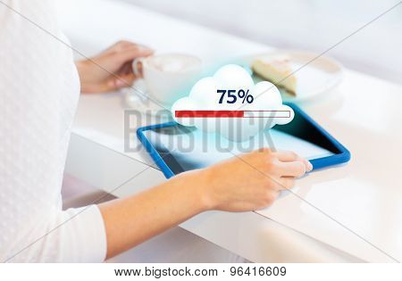 people, technology and cloud computing concept - close up of young woman hands with tablet pc computer having lunch and sharing or uploading files at cafe or home