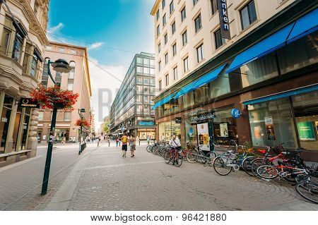 View of Kluuvikatu street in HELSINKI, FINLAND. Parked Bicycles