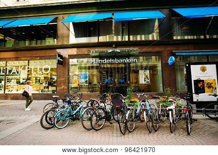View of Kluuvikatu street in HELSINKI, FINLAND. Parked Bicycles