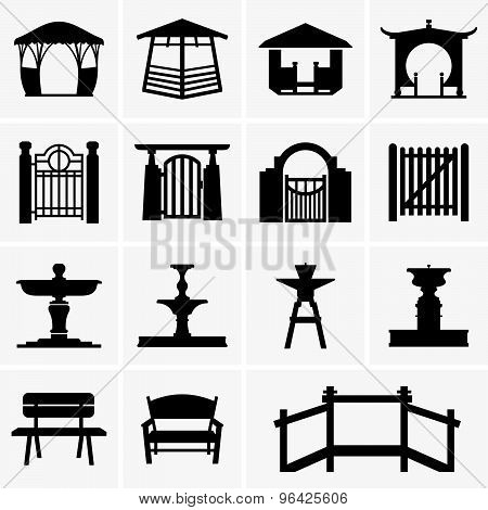 Arbors, gates, fountains, benches