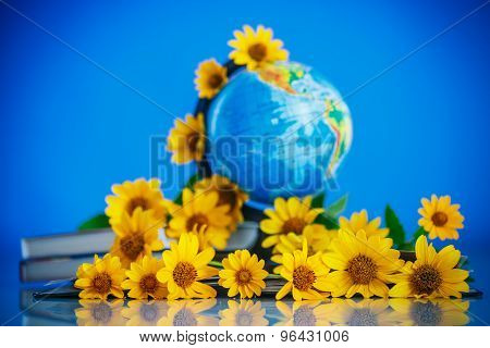 Globe With Books And Flowers