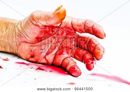 Bloody Hand On The Table. A Violence Or Fear Horror Concept.