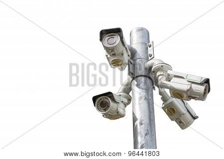 Isolated Of Multiple Angle Outdoor Cctv Camera On The Pole
