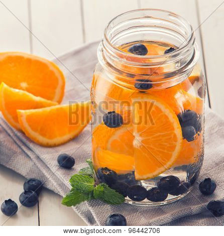 Fresh Fruit Flavored Infused Water Mix Of Orange, Blueberry And Mint