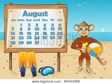 Calendar 2016 year with Monkey. August