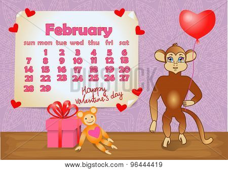 Calendar 2016 year with Monkey. February