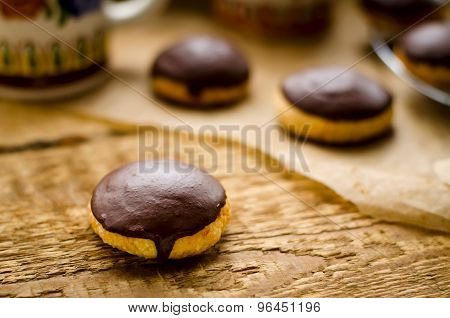 Cookies covered with dark chocolate glaze