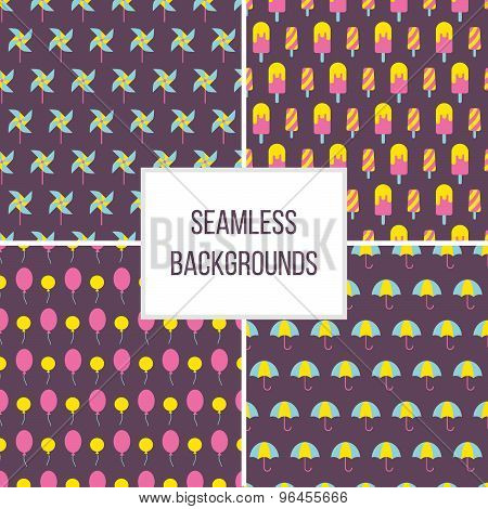 Vector Illustration Of Seamless Patterns Set. Umbrella, Balloon, Ice-cream And Pinwheel On The White
