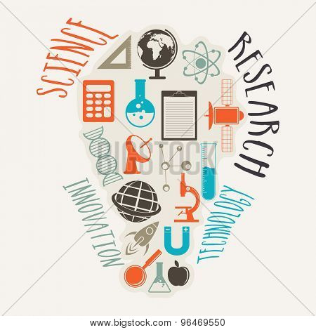 Set of different science elements or symbols in creative light bulb shape on grey background.