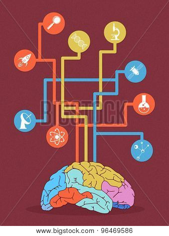 Colorful illustration a human brain with different symbols for Science on grungy background.