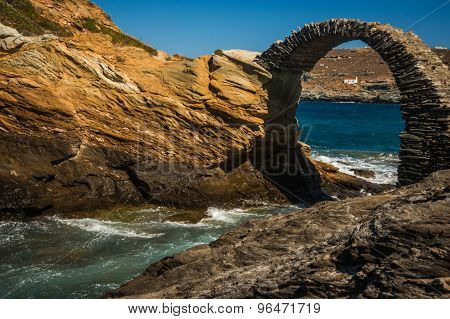 Ancient Bridge To Small Island Near The Town Of Andros, Andros, Greece