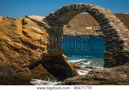 Ancient Bridge To Small Island Near The Town Of Andros, Andros, Greece