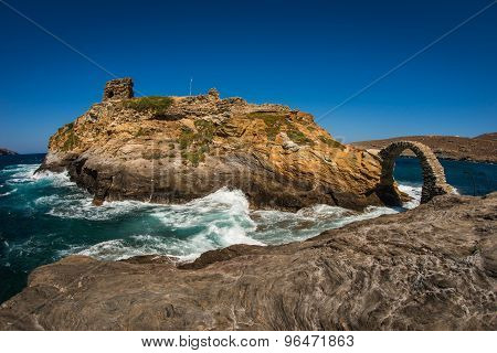 Ancient Bridge To Small Island Near The Town Of Andros, Andros, Greece