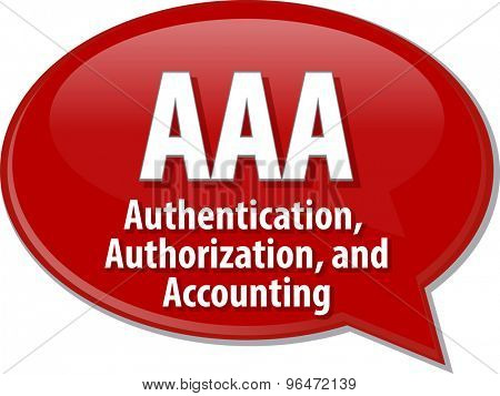 Speech bubble illustration of information technology acronym abbreviation term definition AAA Authentication Authorization and Accounting