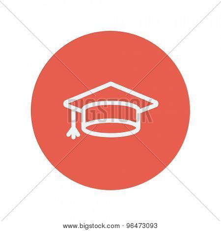 Graduation cap thin line icon for web and mobile minimalistic flat design. Vector white icon inside the red circle.