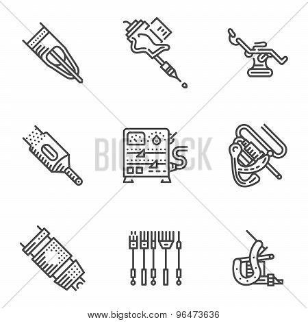 Black line vector icons for tattoo equipment