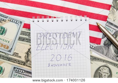 USA 2016 Presidential Election with American flag and money