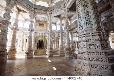 Interior Of Ranakpur Temple In Rajasthan, India