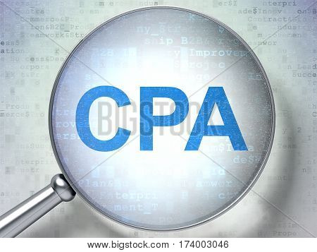 Business concept: magnifying optical glass with words CPA on digital background, 3D rendering