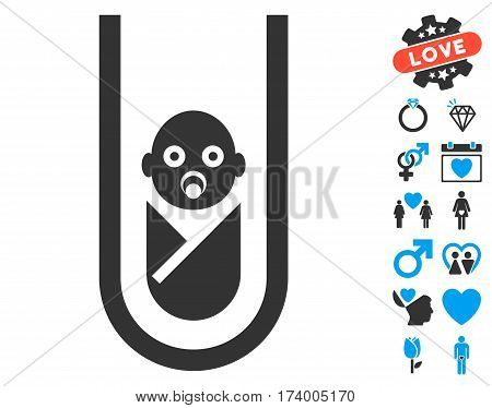 In Vitro Baby pictograph with bonus romantic symbols. Vector illustration style is flat iconic blue and gray symbols on white background.