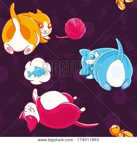 Seamless pattern with playful painted colorful cats dreaming of fish. Textiles, Wallpaper, kids decor.