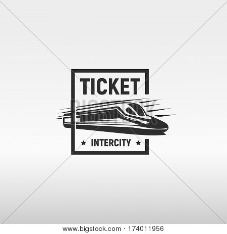 Isolated monochrome modern gravure style train in frame logo on white background vector illustration.