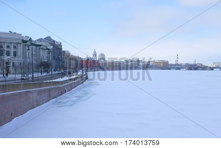 Winter Day Small Nevka and Makarova Embankment in St. Petersburg