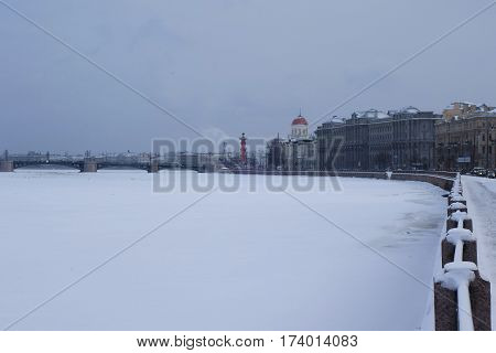 Winter Day Small Nevka and Makarova Embankment in St. Petersburg