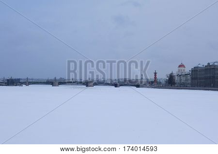 Winter Day Small Nevka and Makarova Embankment in St. Petersburg